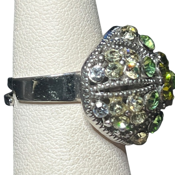 Vintage Green Rhinestone Dome Adjustable Silver Tone Ring - Picture 8 of 8